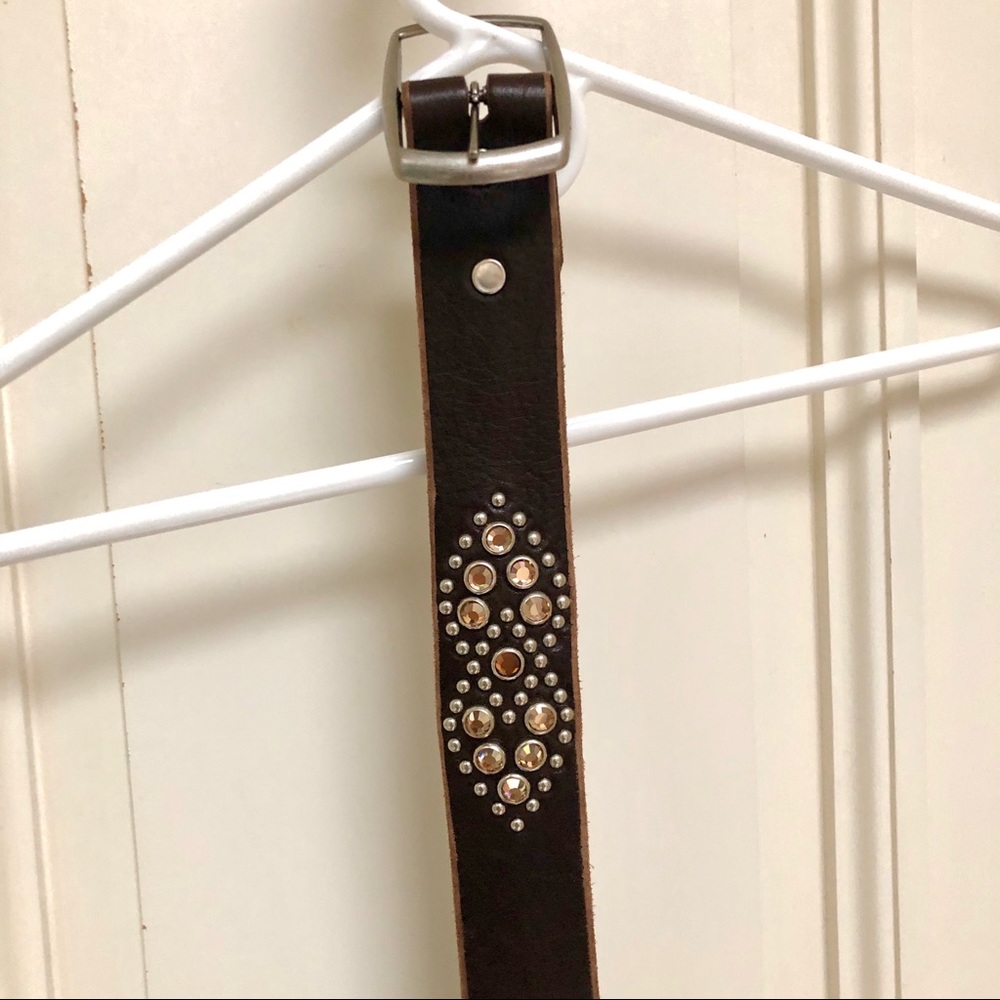 Brown leather belt with rhinestones and studs
